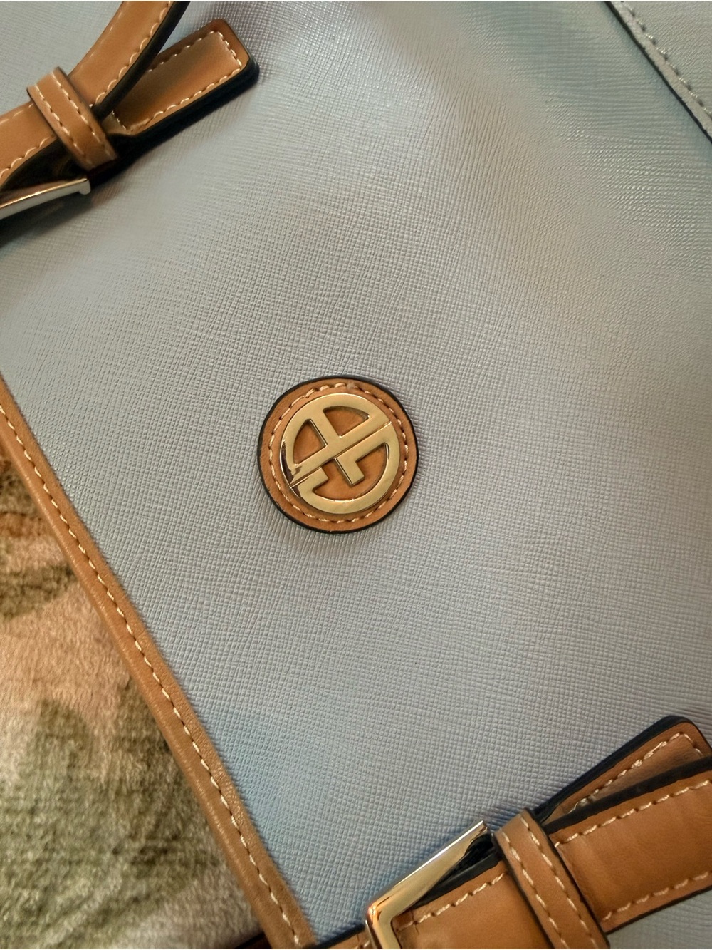 Light Blue and Tan Shoulder Tote with Circle Logo Accent - Picture 6 of 11